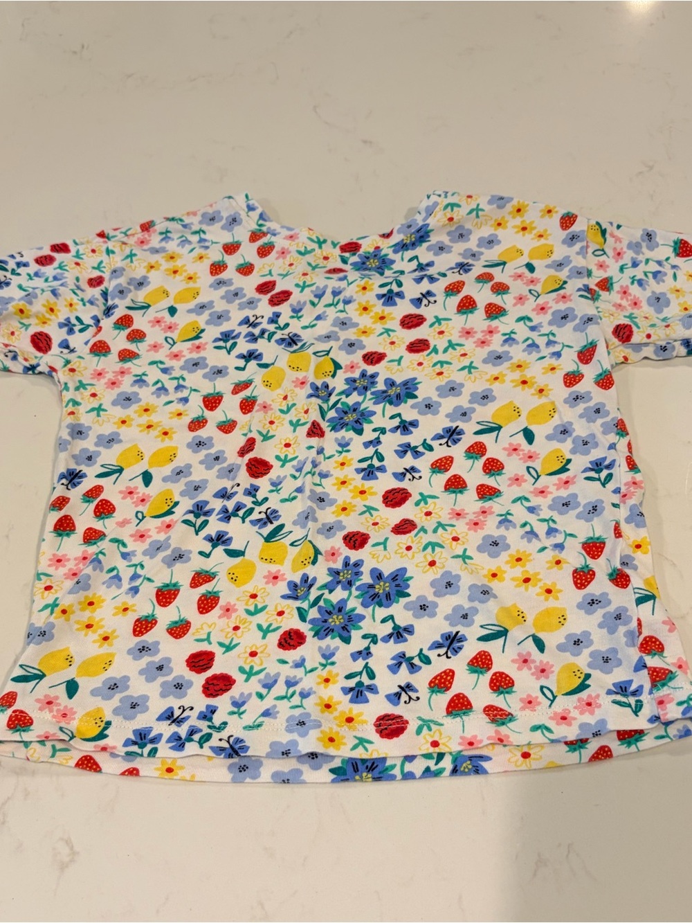 Old Navy White Short-Sleeve Tee with Red, Yellow & Blue Floral Fruit Print